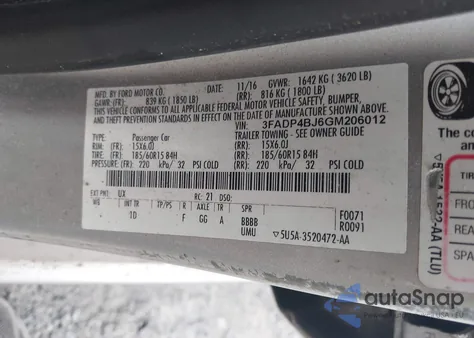 2016 Ford Fiesta Se z USA, uszkodzony, nr VIN 3FADP4BJ6GM206012